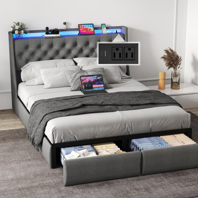 Oneita Upholstered LED Bed Frame With Storage Headboard Charging Station 2 Drawers Gray