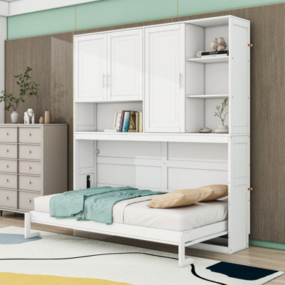 Lit escamotable simple avec armoire, tablettes, éclairage, station de charge USB et prise