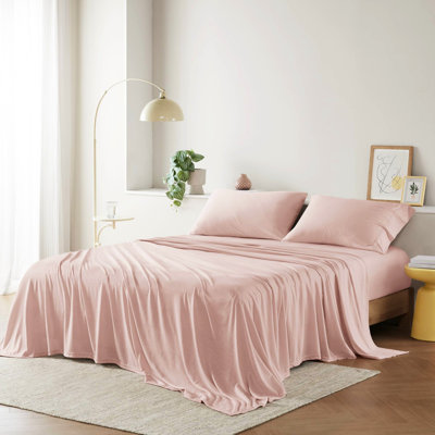 Draps en maille de coton mélangé toutes saisons, format queen - Merveilleusement doux et absorbants par temps chaud, chauds et confortables par temps froid, conviennent aux matelas jusqu'à 40 cm d'épaisseur, comprennent 1 drap plat, 1 drap-housse et 2 taies d'oreiller.