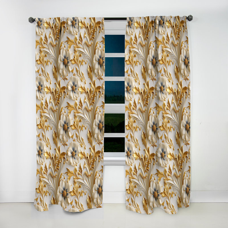 Rideau en velours glamour or et blanc Royal Flower Garden Serenity III - obscurcissant - 1 panneau, L 52 po x L 84 po