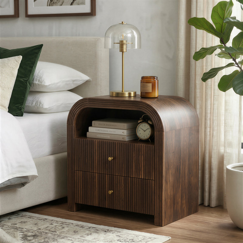 24" Fluted Nightstand With Charging Station And 2 Storage Drawers, Modern End Table With Open Shelves - Dark Walnut
