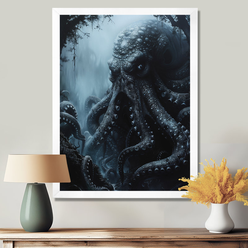 Gris gris noir Kraken Lair Mythical Creature - Mythical Creatures Wall Art Living Room, Gold Floater Framed
