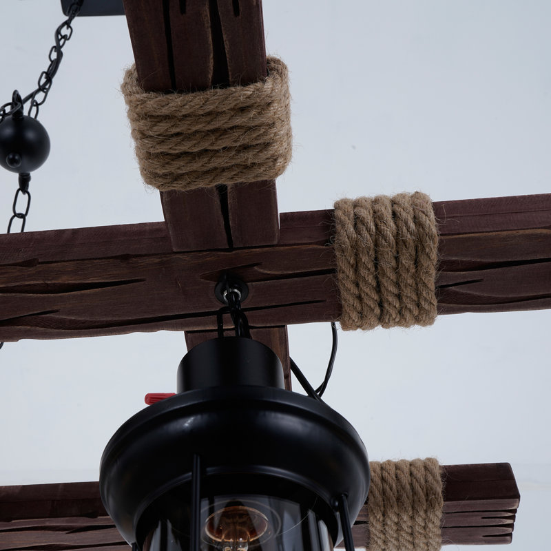 Lustre 40 lumières en bois de 40 po au design rétro, avec une conception de tic-tac-toe.