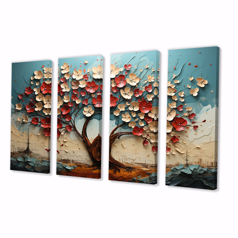Arbre de fleurs rouges et dorées au clair de lune - Ensemble d'art mural 4 pièces, H 32 po x l 64 po