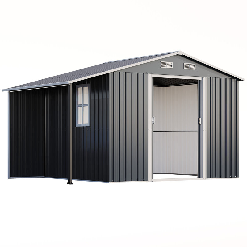 AMERLIFE Outdoor Storage Shed, Metal Shed with Sliding Doors Two 4-Pane Windows, Open Outdoor Shed for Wood Storage