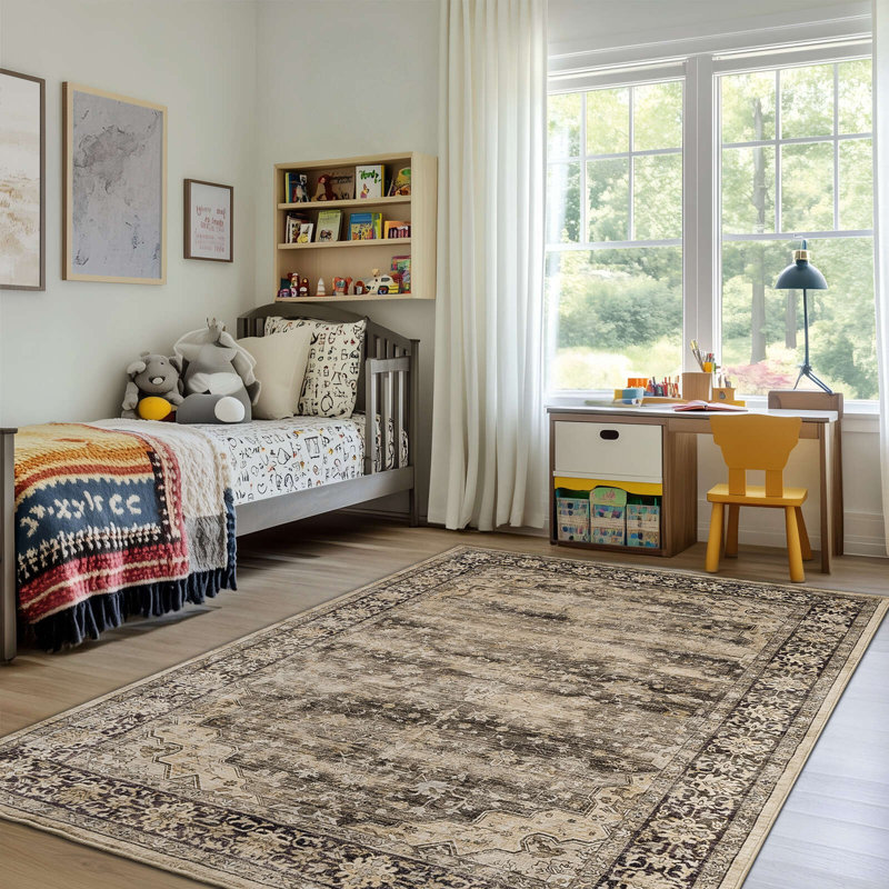 Redenhalk Gray/Beige/Brown Machine Washable Area Rug,Non-Slip Bordered Rug For Living Room, Hallway, Entryway