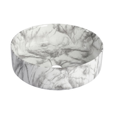 Lavabo vasque en céramique blanc et gris au-dessus du comptoir, facile à entretenir, surface lisse, lavabo rond de 4,59 pouces de hauteur pour comptoir de salle de bain, faible absorption d'eau, glacis à trois couches, 16,01 de large