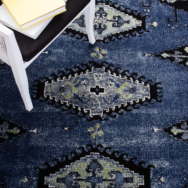Tapis bleu / noir Southwestern, Tapis de couloir 2 pi 3 po x 8 pi
