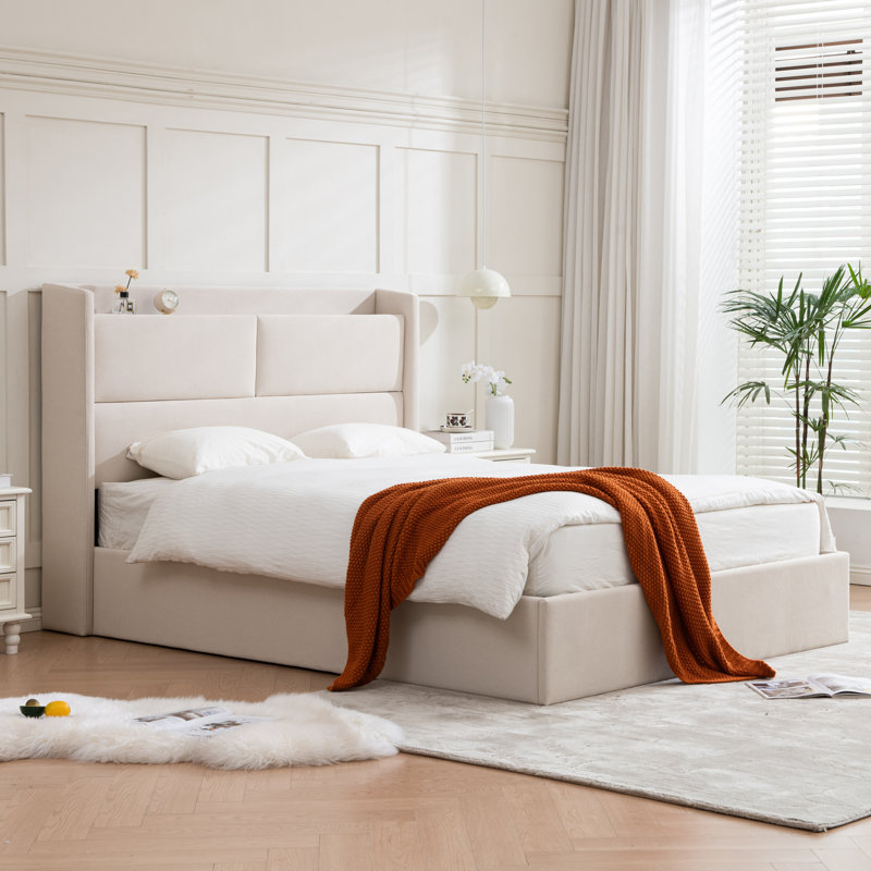 Lit plateforme tapissier avec levage hydraulique, Double, Beige