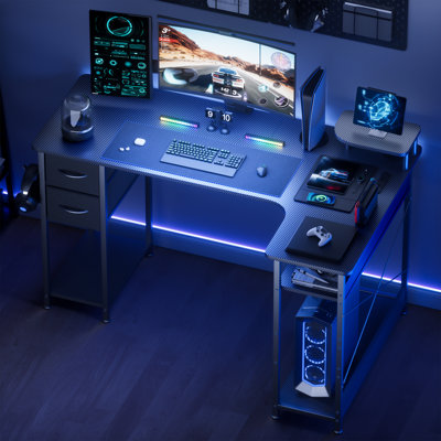 L-shape Gaming Desk, Carbon Fibre Computer Desk with Monitor Arm, Gaming Table for Home Office Desks, Easy To Assembly