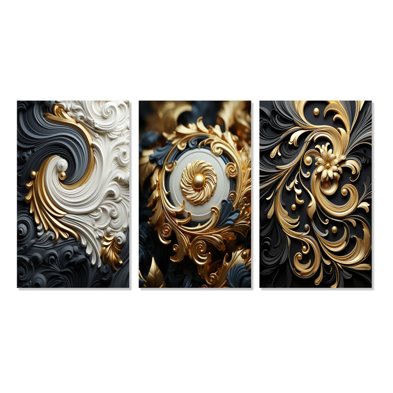 3 pièces sur toile - Or blanc et spirale liquide ornementale noire, Toile tendue, H 32 po x l 48 po