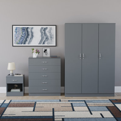 Maybery 3 Piece Bedroom Set (1 Drawer Bedside Chest, 5 Drawer Chest, 3 Door Wardrobe), (5)