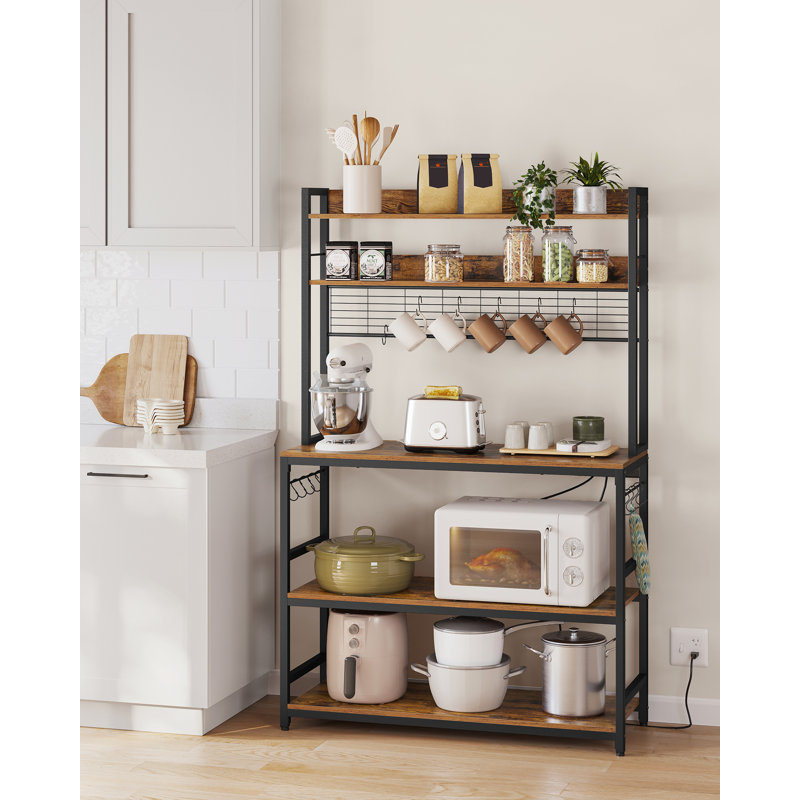 66.9''H 5-Tier Baker’s Rack with Power Outlet & Adjustable Shelf, 66.9'' H x 39.4'' W x 15.7'' D, Rustic Brown/Black