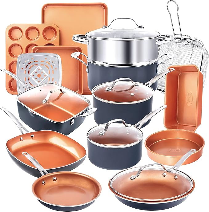 Ensemble de casseroles et poêles 20 pièces Gotham Steel Pro | Batterie de cuisine complète anodisée dure + batterie de cuisine, revêtement en cuivre ultra antiadhésif de qualité chef, résistant aux ustensiles en métal, au four et au lave-vaissell