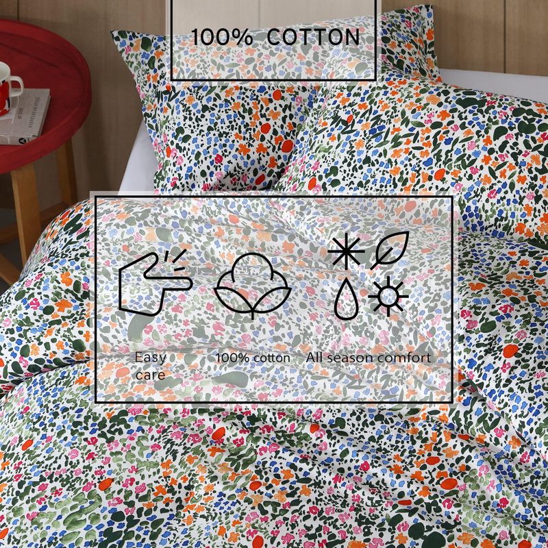 Marimekko Rantaniitty Printed Cotton Reversible Duvet Cover Set, King Duvet Cover + 2 King Shams, Orange Floral