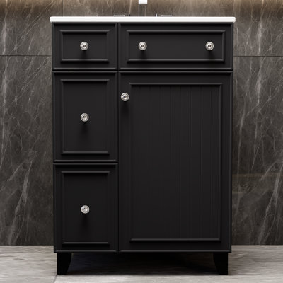 Armoire de salle de bain noire 24 "avec lavabo en céramique, 2 tiroirs, 1 porte