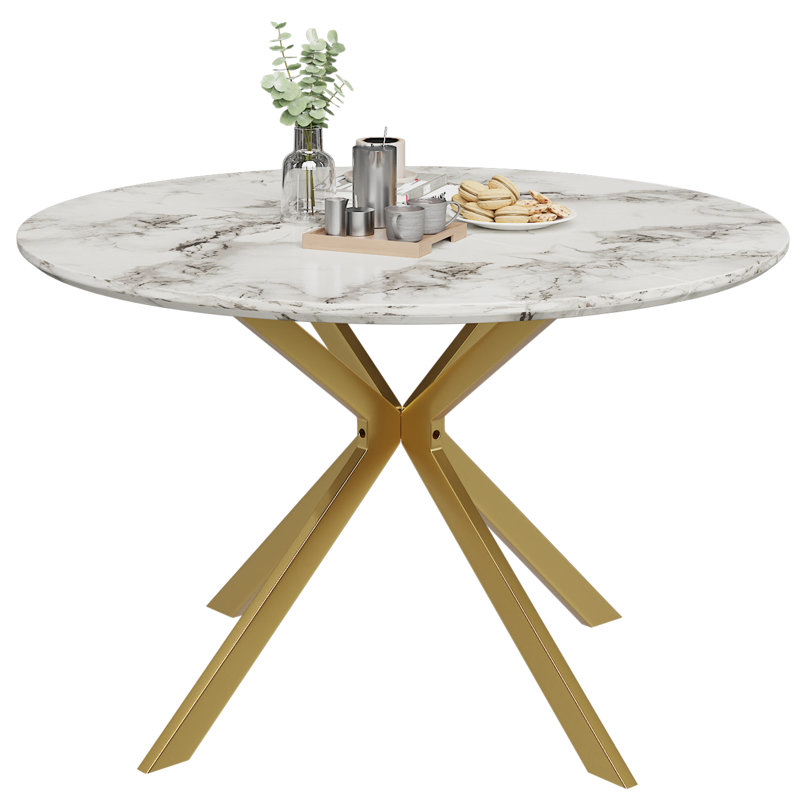 46.5" Wood Round Dining Table, Gold, White/Black