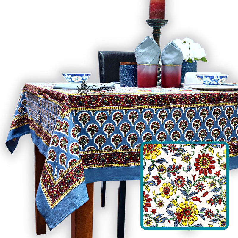 Cotton Bloom Delight Floral Tablecloth Rectangle, Kitchen Linen, Crimson Tide