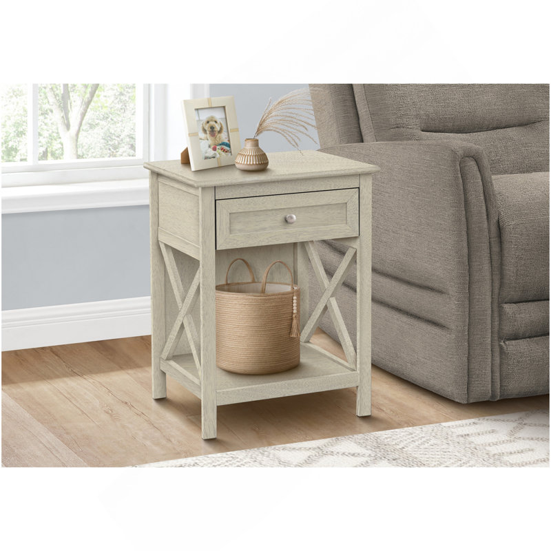 Table d'appoint, table de bout, table d'appoint, 2 niveaux, chambre à coucher, table de chevet, lampe, tiroir de rangement, placage blanc antique, transitionnel