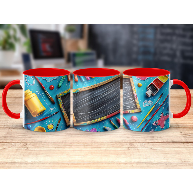 Kids Drawing Style 11oz Accent Mugs – Ceramic Coffee Cup with a Red Handle and Interior