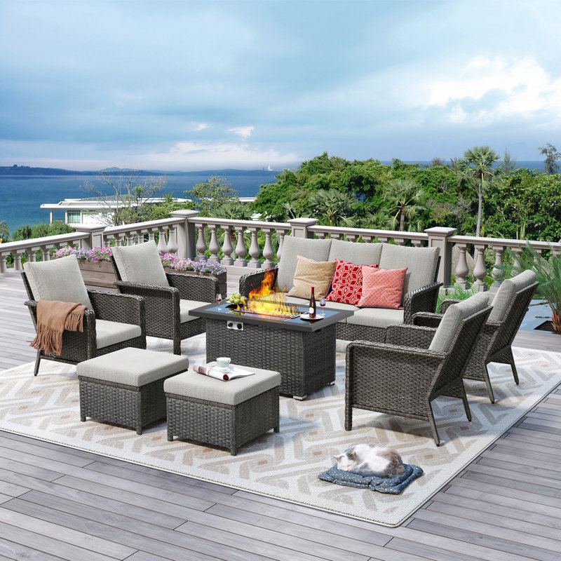 9 - Person Outdoor Seating Group with Fire Pit Table and Cushions, Gray