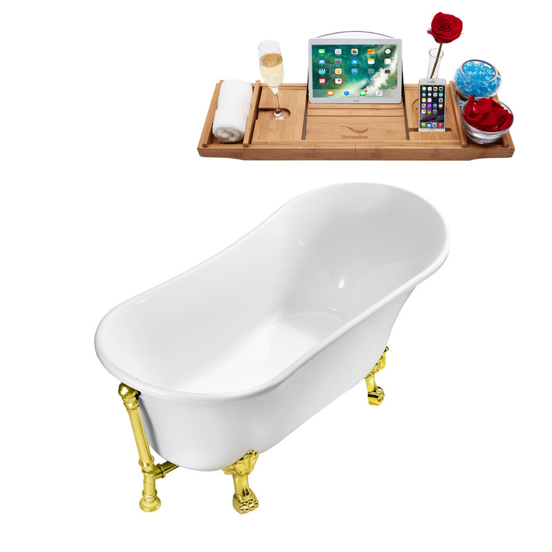 Baignoire de trempage sur pieds 63 "avec drain, pattes et plateau en bambou 63" Streamline, Or poli, Or poli