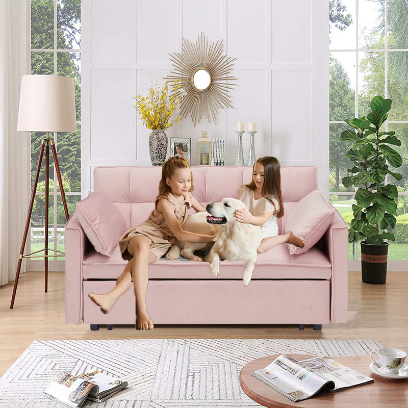 Causeuse convertible Jashlyn, canapé-lit pour petits appartements, Velours rose