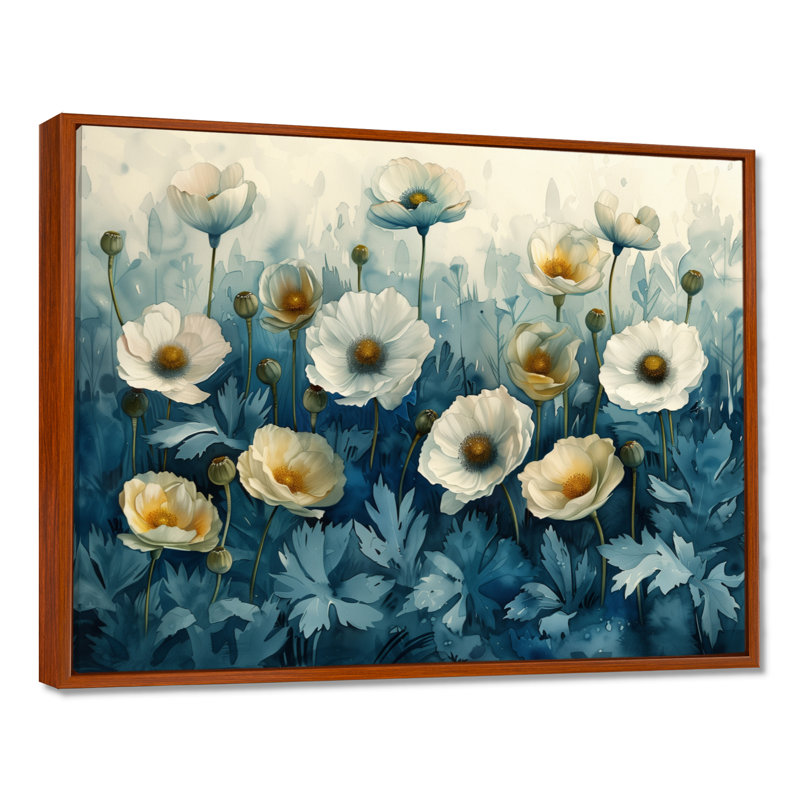 Blanc, bleu, jardin, fête, coquelicots - coquelicots, art mural, Toile avec cadre flottant brun, H 16 po x l 32 po x P 1 po