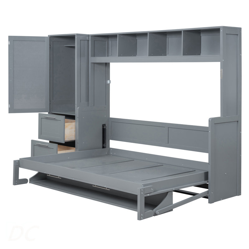 Queen Size Murphy Bed Wall Bed With Closet And Drawers, Gray