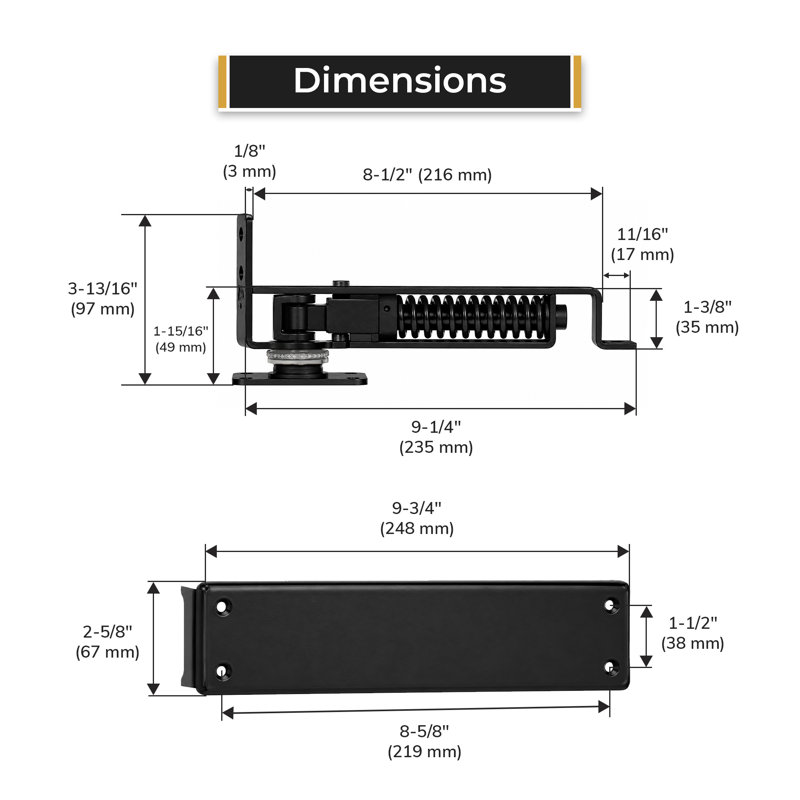 Deltana DASH95U4 Spring Hinge, Double Action w/ Solid Brass Cover Plates in Brushed Brass, Paint Black