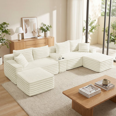 Canapé en forme de nuage U / L 127 po avec console, rangement, USB, 2 repose-pieds et porte-gobelet, luxueux fauteuils de compression durables en velours côtelé