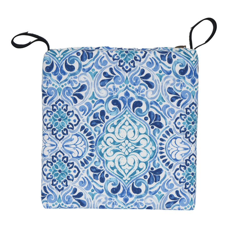 Coussins de chaise carrés d'extérieur (ensemble de 4), Blanc / bleu / Fiorella baltique marocaine, L 16 po x P 16 po