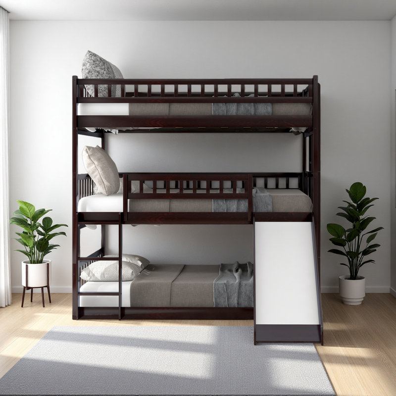 Full-Over-Full-Over-Full Triple Bed With Built-In Ladder And Slide, Espresso