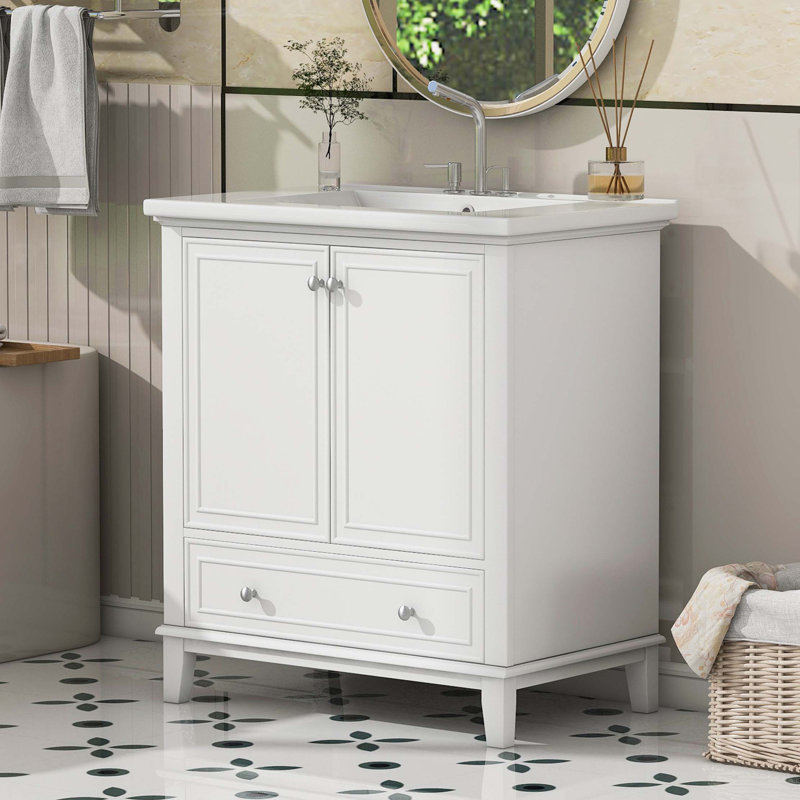 Ensemble de meuble-lavabo 30 po avec lavabo, armoire de salle de bain multifonctionnelle avec portes et tiroir, structure solide et panneau de fibres à densité moyenne