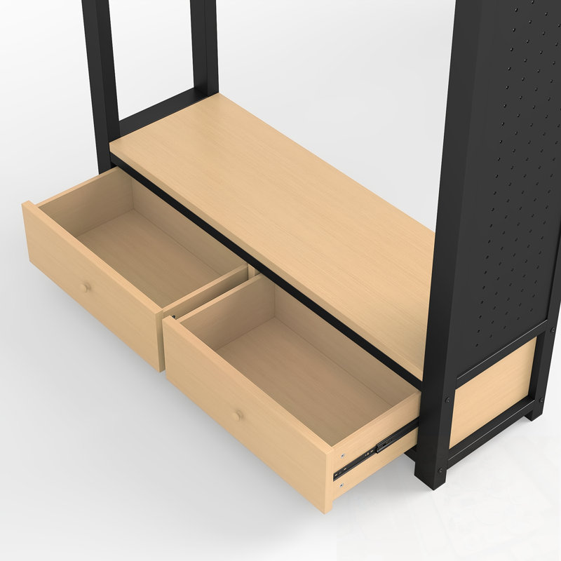 Structure de lit simple simple TG avec garde-robe, tablettes de rangement et panneau perforé