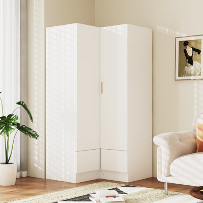 Modern Corner Wardrobe Closet With Hanging Rods And Drawers, Freestanding L-Shaped Storage Cabinet With Metal Handles
