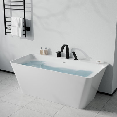 Vault Series 59 In. X 30 In. Flat Bottom Acrylic Freestanding Soaking Bathtub With Center Drain, Faucet