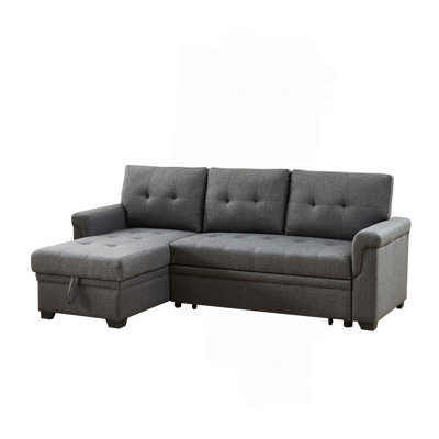 84" Dark Gray Linen Reversible Sleeper Sectional Sofa With Storage Chaise