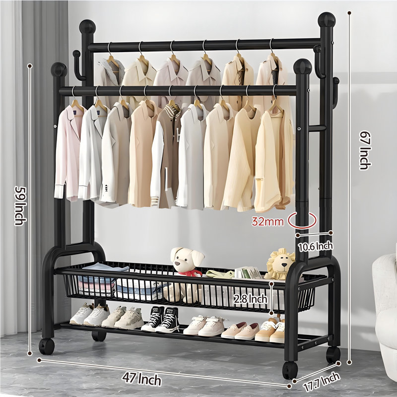 Porte-vêtements à double tringle 47 pouces avec roulettes, porte-vêtements en tube d'acier de 32 mm pour suspendre les vêtements, 4 crochets, portemanteau multifonctionnel, noir