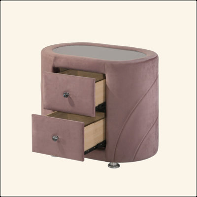 1Pc Pink Velvet Upholstered Gorgeous Nightstand Of Two Drawers Wooden Bedroom Furniture Chrome Metal Legs