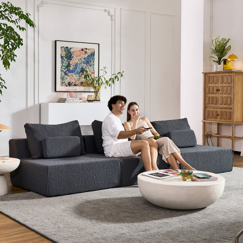 Boneless Couch for Living Room, Compression Cloud Couch, Deep Seat Modular Sectional Sofa, No Assembly Required (Gray, 3 Seater)