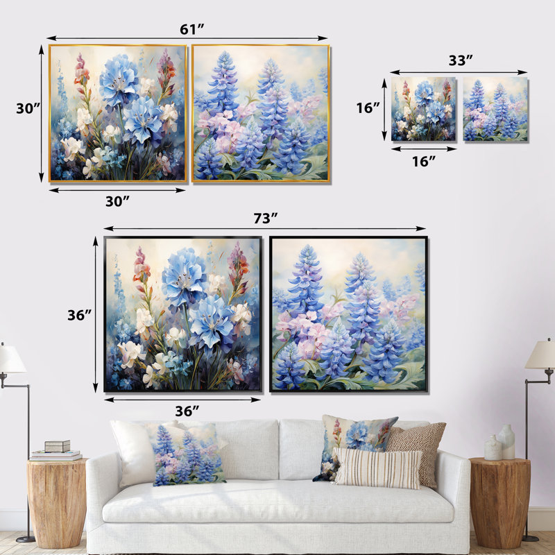 Blue Bonnets - Ensemble de 2 collages multicolores à motif floral et botanique, Cadre flottant blanc, H 30 po x l 61 po
