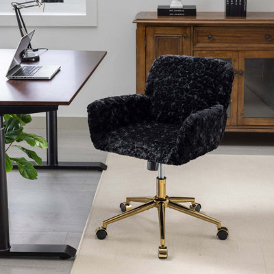 Furniture Office Chair,Artificial Rabbit Hair Home Office Chair With Golden Metal Base,Adjustable Desk Chair Swivel Office Chair,Vanity Chair