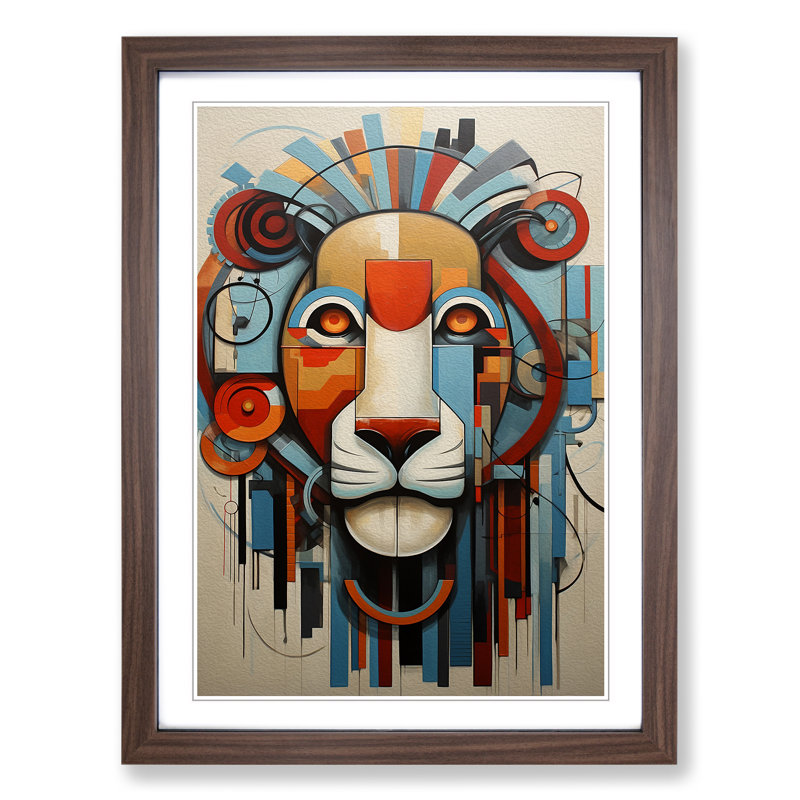 Lion Constructivism No.4 - Single Picture Frame Print on Wood, Walnut, 46cm H x 34cm W x 2cm D