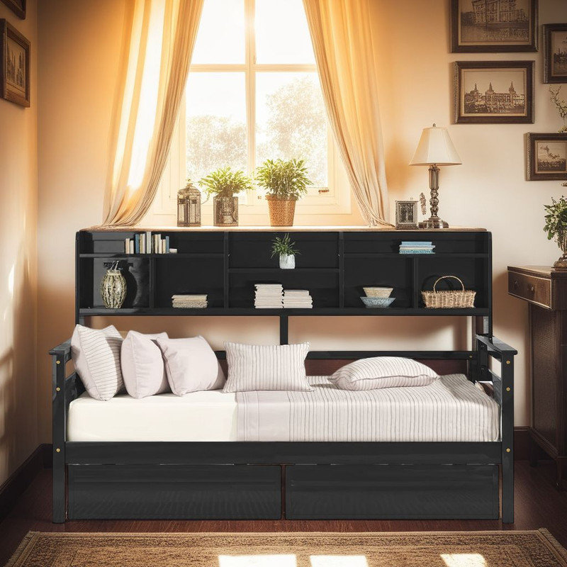Elegant Daybed with Storage – 2 Drawers & Shelf, Multi-Functional Sofa Bed? Twin Size L-shaped Bookcases, Brown