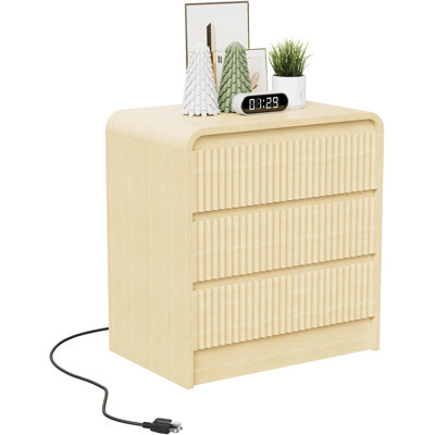 Fluted 3-Drawer Bedside Table with USB & AC Charging Station – Modern Wood Bedside Table with Curved Waterfall Design for Small Spaces, Dorm or Apartment – Three-Ply