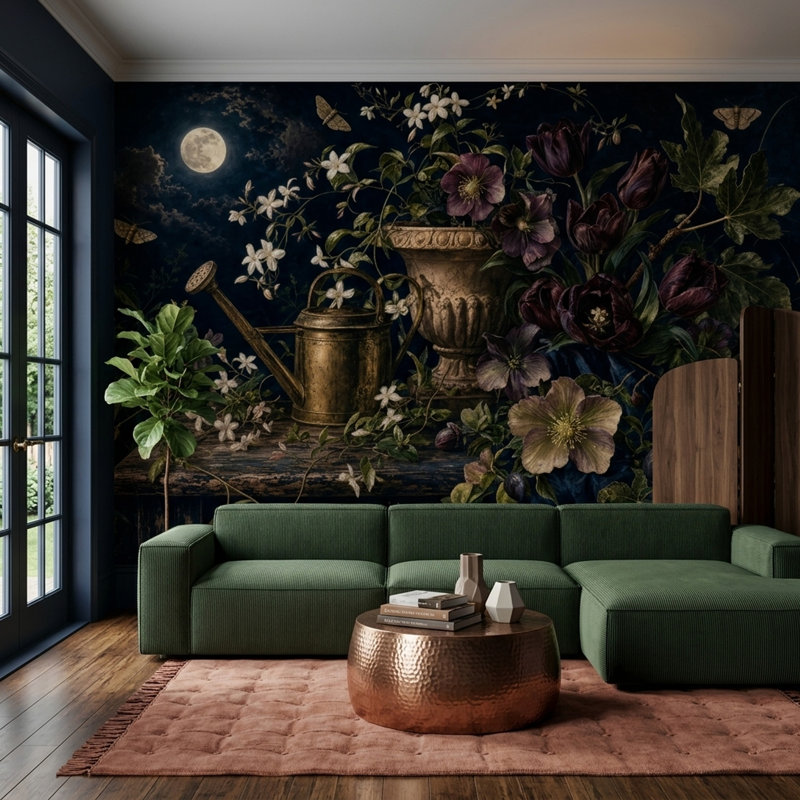 Papier peint nature morte botanique, fresque murale jardin au clair de lune., 140"x108", Non-Woven Nonpasted