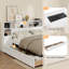 Lit de rangement en bois blanc avec tête de lit haute bibliothèque allongée, 6 tiroirs et station de charge pour adultes, sans sommier, simple