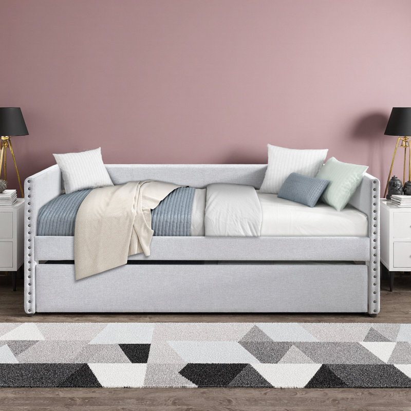 Modern Upholstered Daybed with Pull-Out Trundle - Twin Size Bed with Side Pockets & Nailhead Trim for Bedroom, Living Room, Guest Room