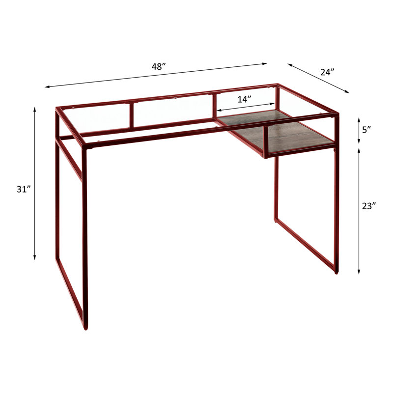 Bureau avec plateau en verre de 5 mm avec finition rouge et compartiment de base en métal transparent